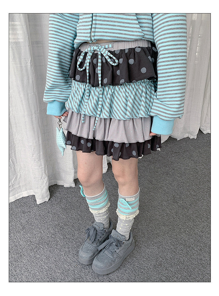 Polka Dot Stripe Tiered Ruffle Mini Skirt