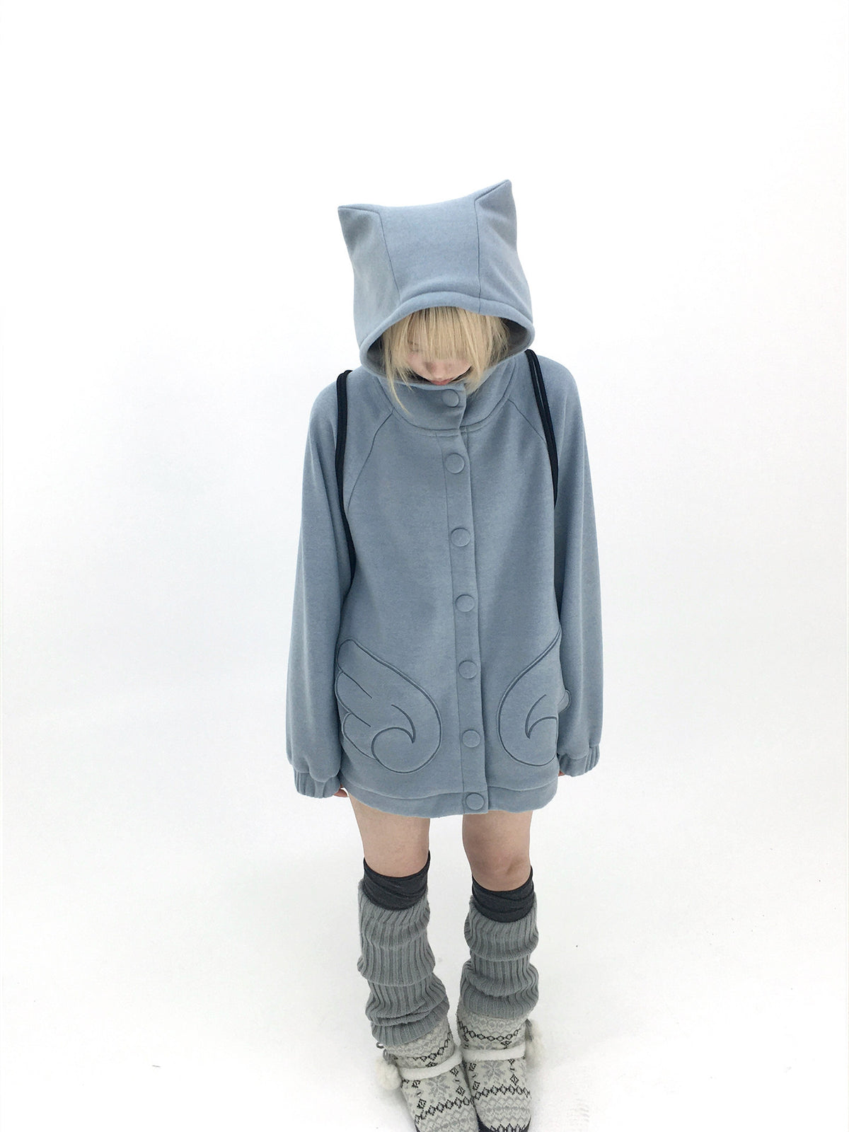 Dusty Blue & Ivory Fleece-Lined Cat Ear Wing Pocket Hooded Jacket