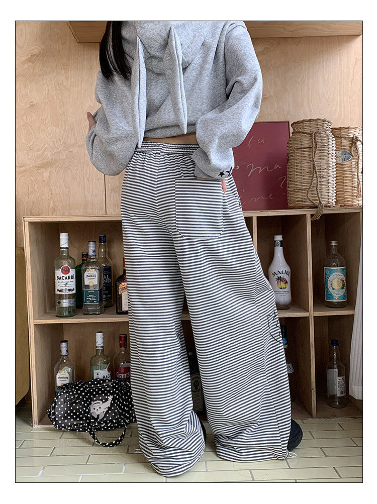 Cartoon Cat Stripe Drawstring Wide-Leg Sweatpants