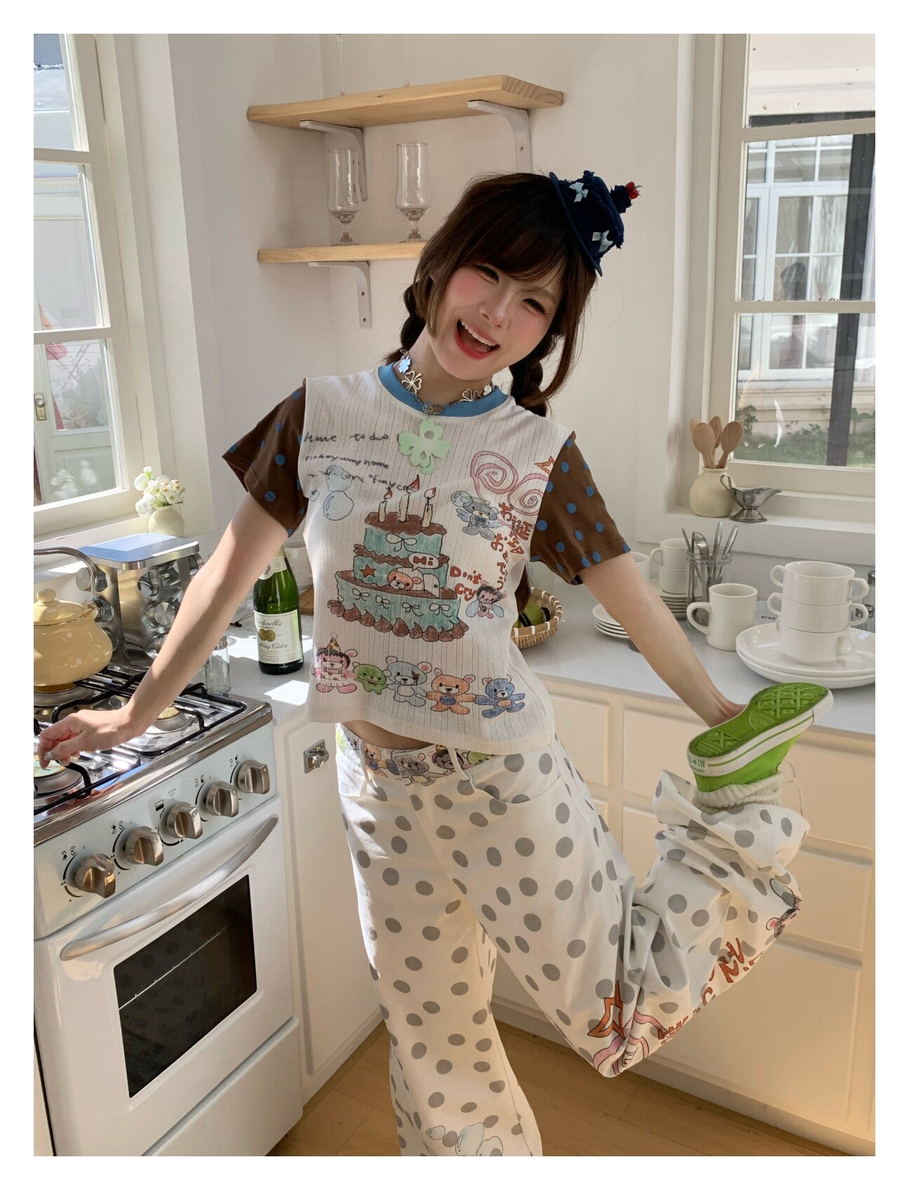 Happy Birthday Bear Gray Polka Dot Wide-Leg Pants