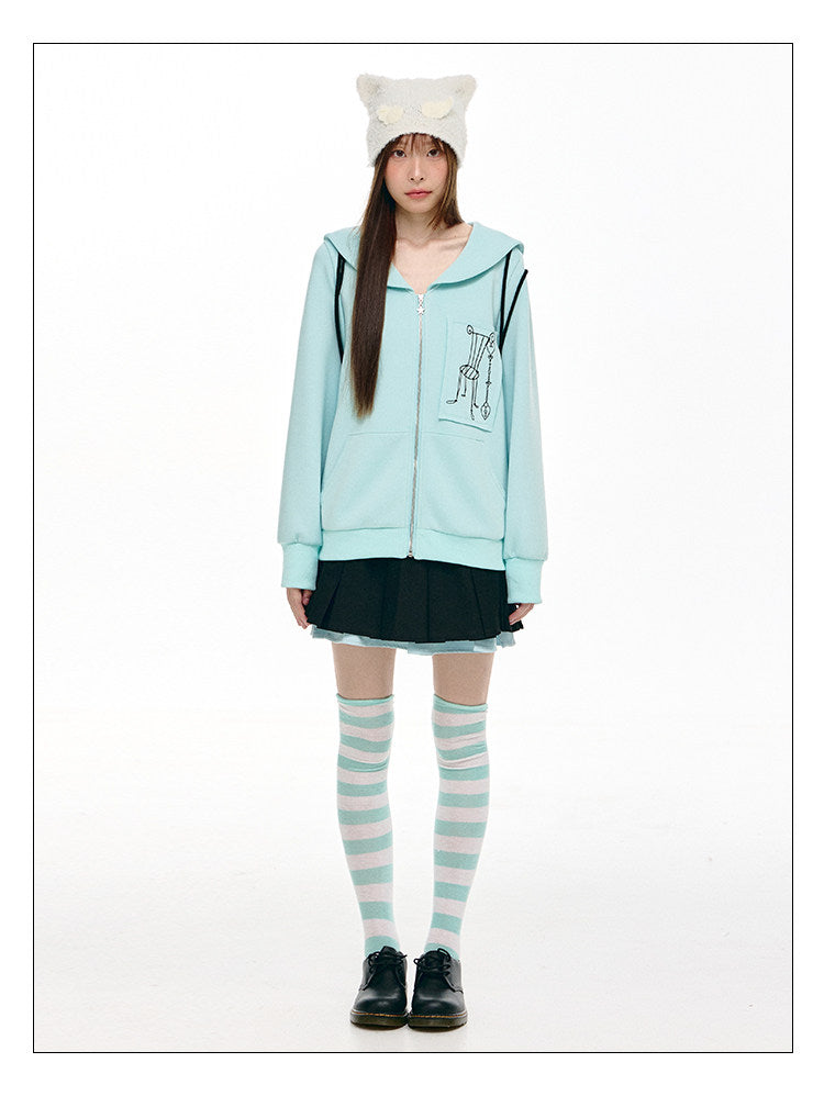 Mint Sailor-Collar Graphic Zip-Up Jacket