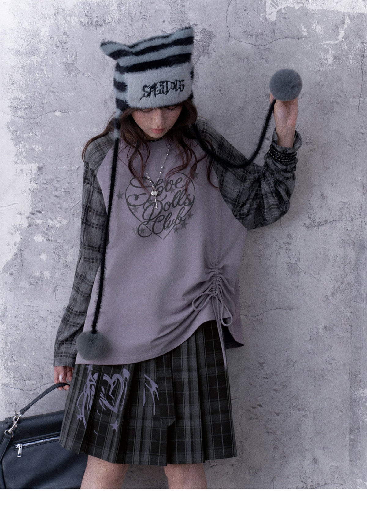 Double-Waist Graphic Plaid Pleated Midi Skirt