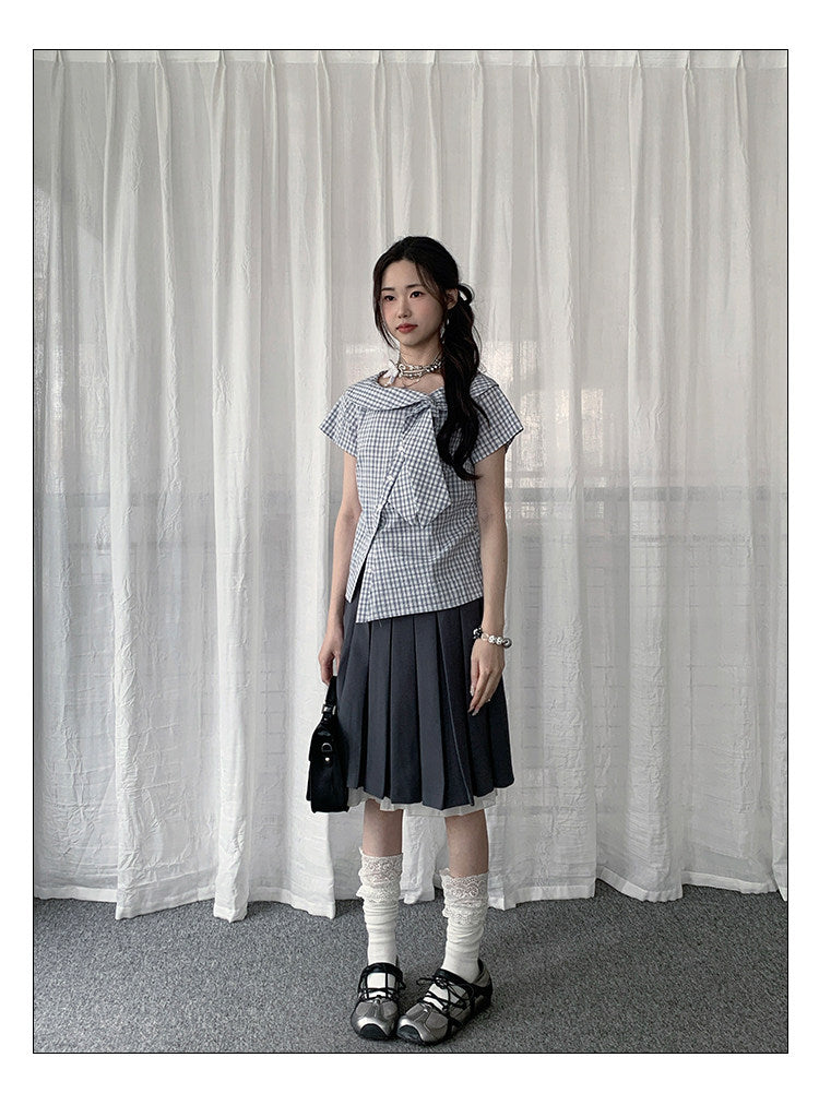 Blue Plaid Asymmetrical Collar Shirt