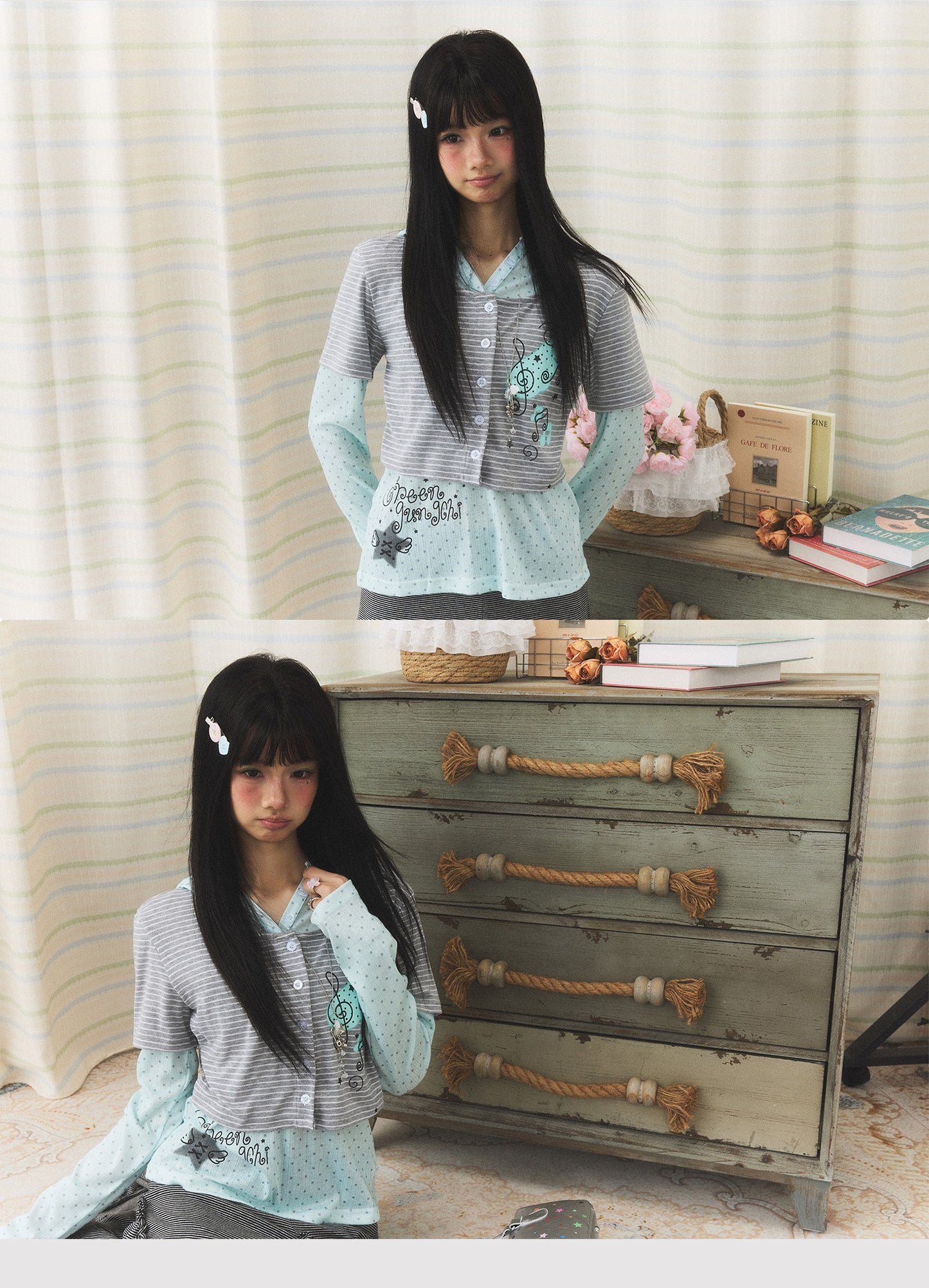 Mint Melody Faux-Layer Hooded Long-Sleeve Top
