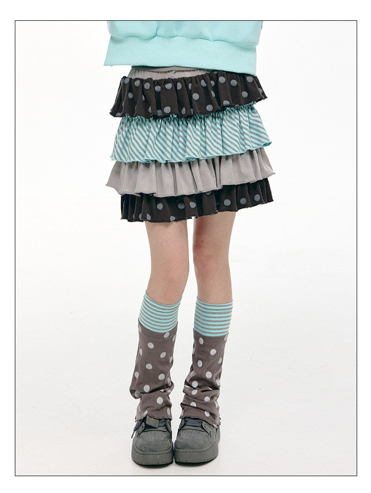 Gray Green Polka Dot & Stripe Tiered Mini Skirt