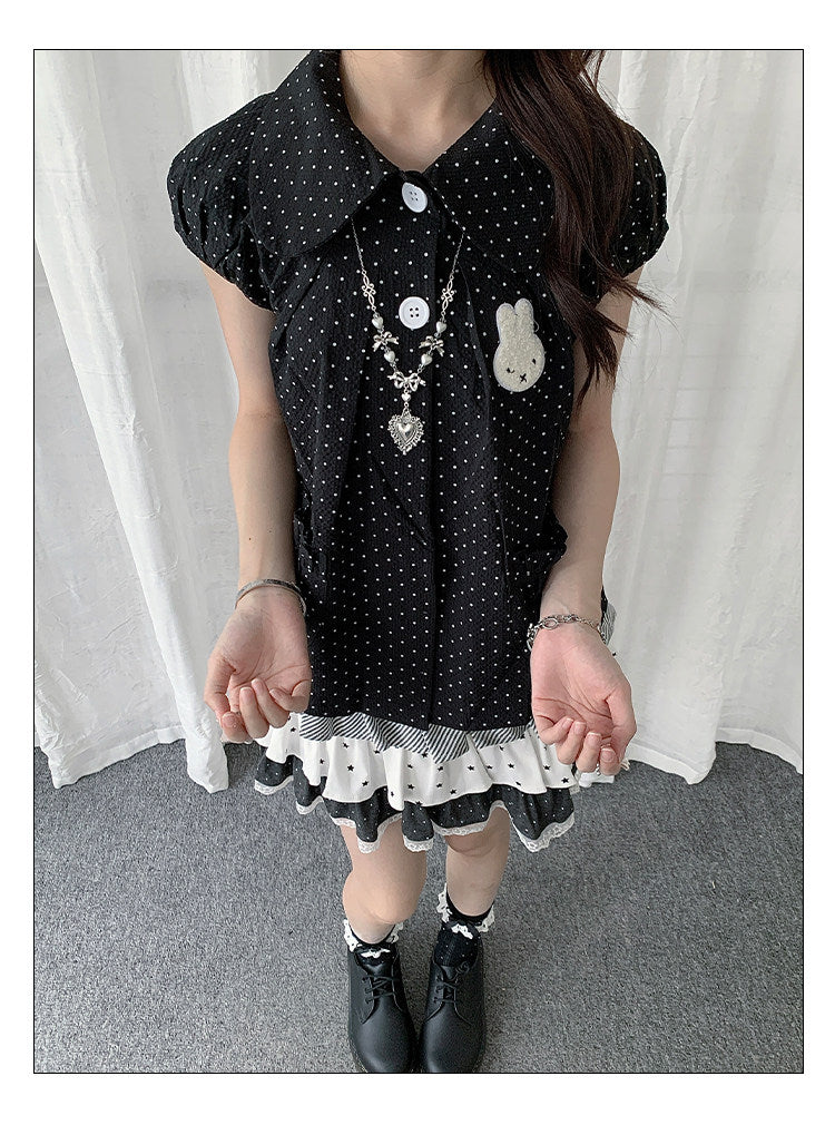 Polka Dot Bunny Patch Puff-Sleeve Shirt