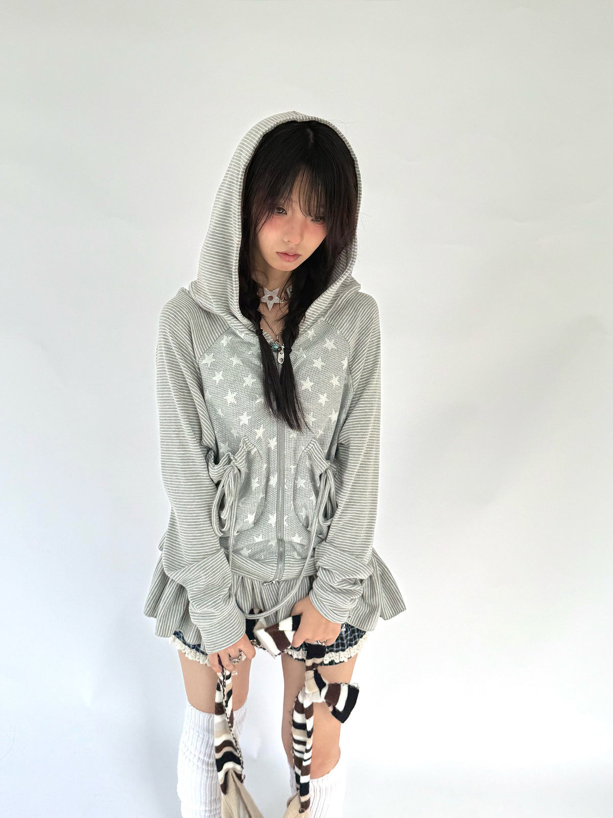 Star Ruffle Drawstring Zip-Up Hoodie