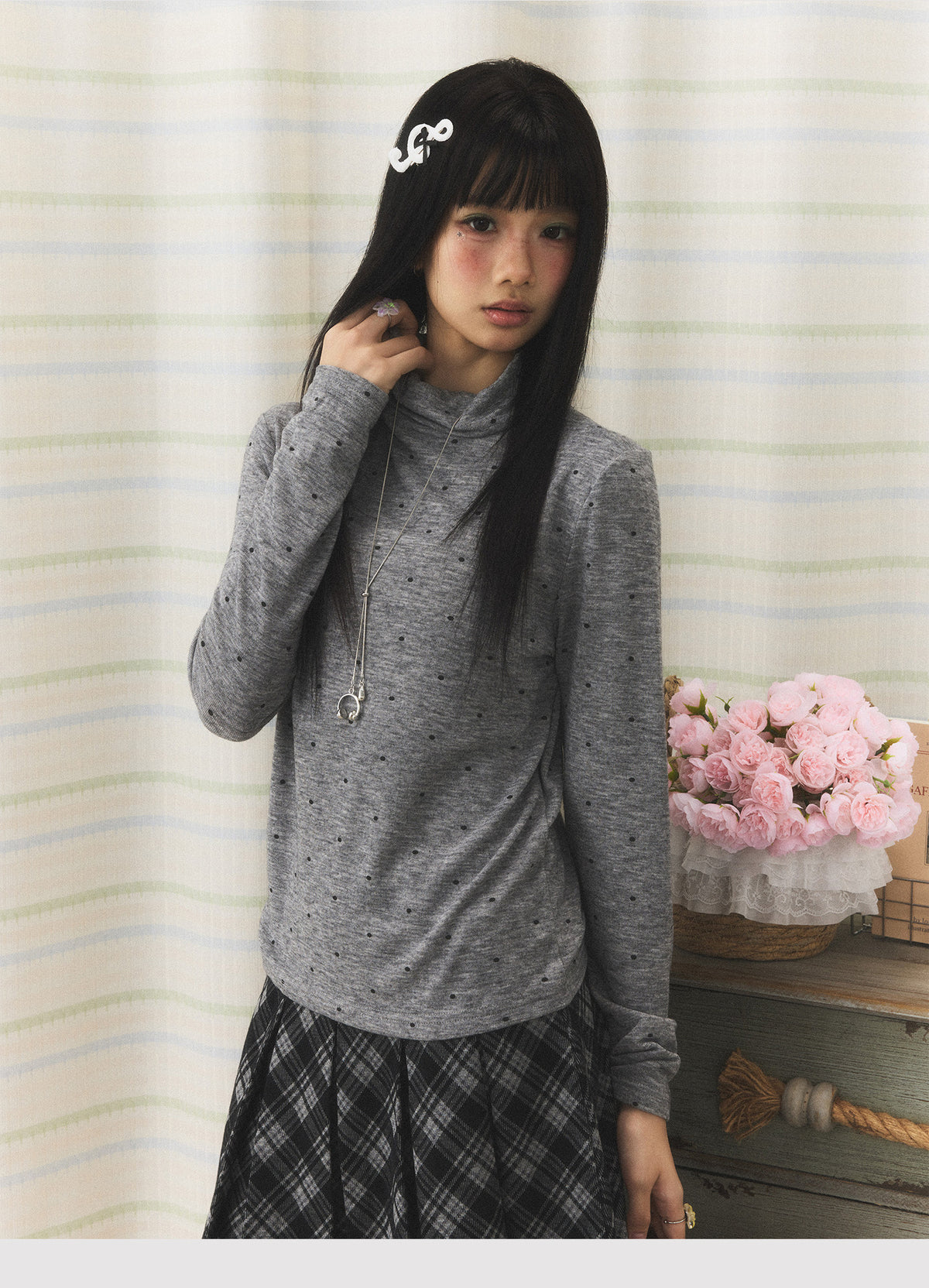 Polka Dot Mock-Neck Long Sleeve Top