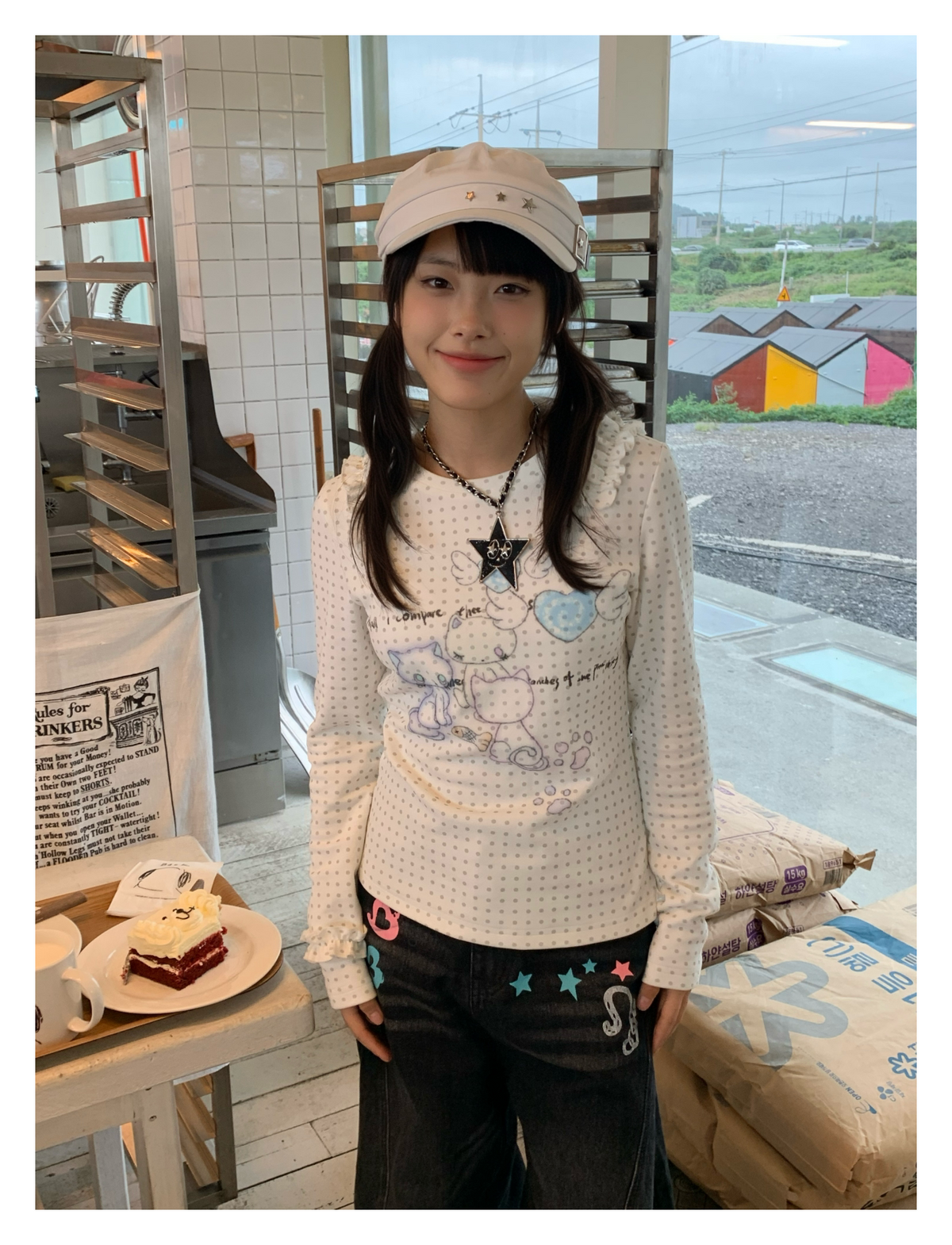 Cat Party Polka Dot Ruffle Long Sleeve Top