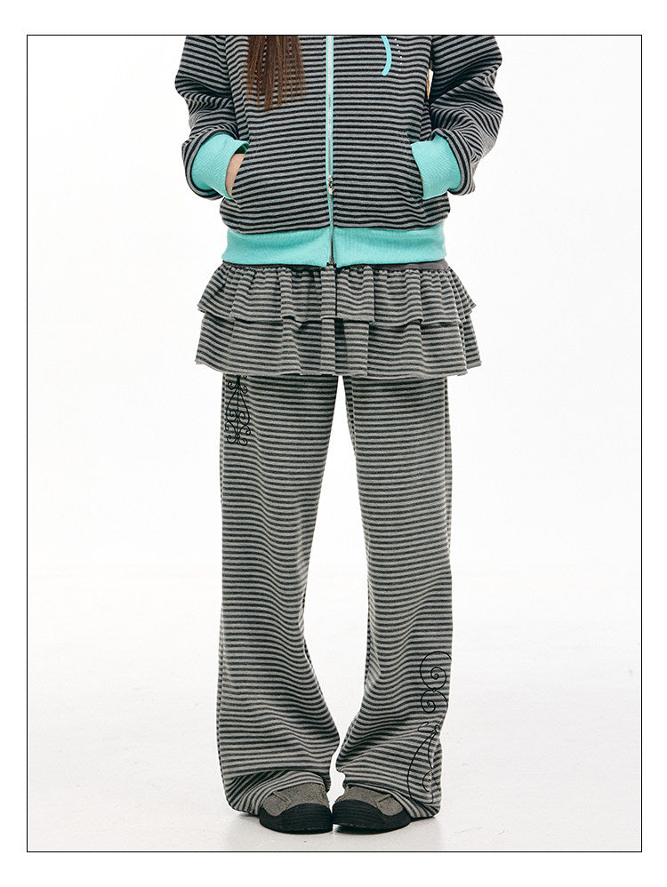Striped Ruffle-Overlay Wide-Leg Pants