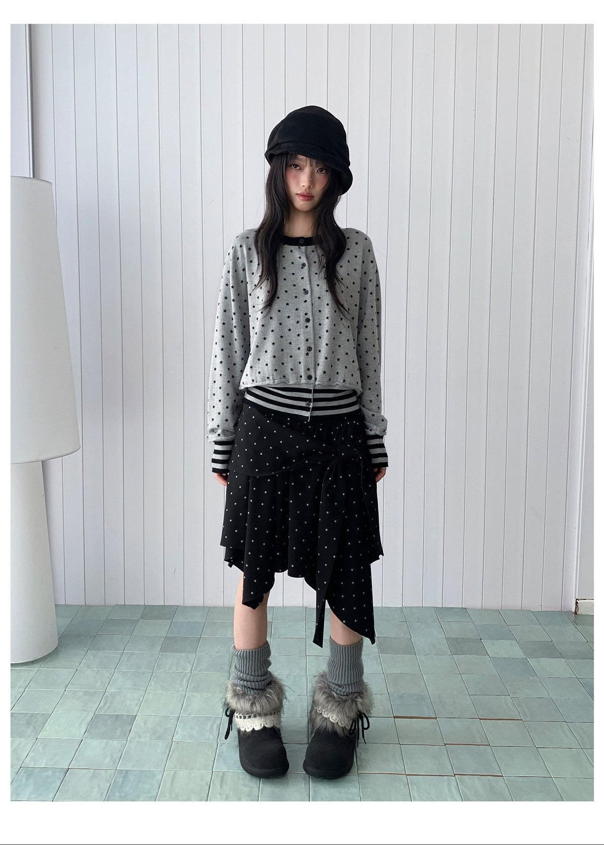 Star Print Contrast-Trim Knit Cardigan