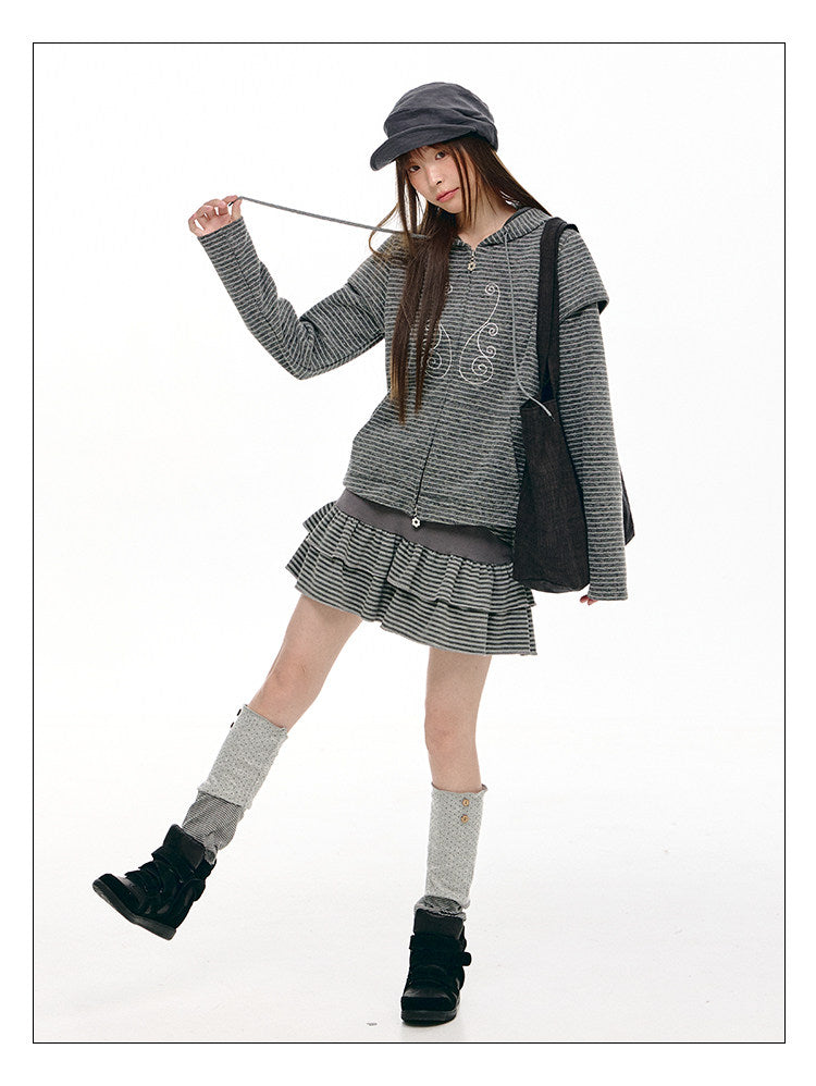 Charcoal Stripe Double-Ruffle A-Line Mini Skirt
