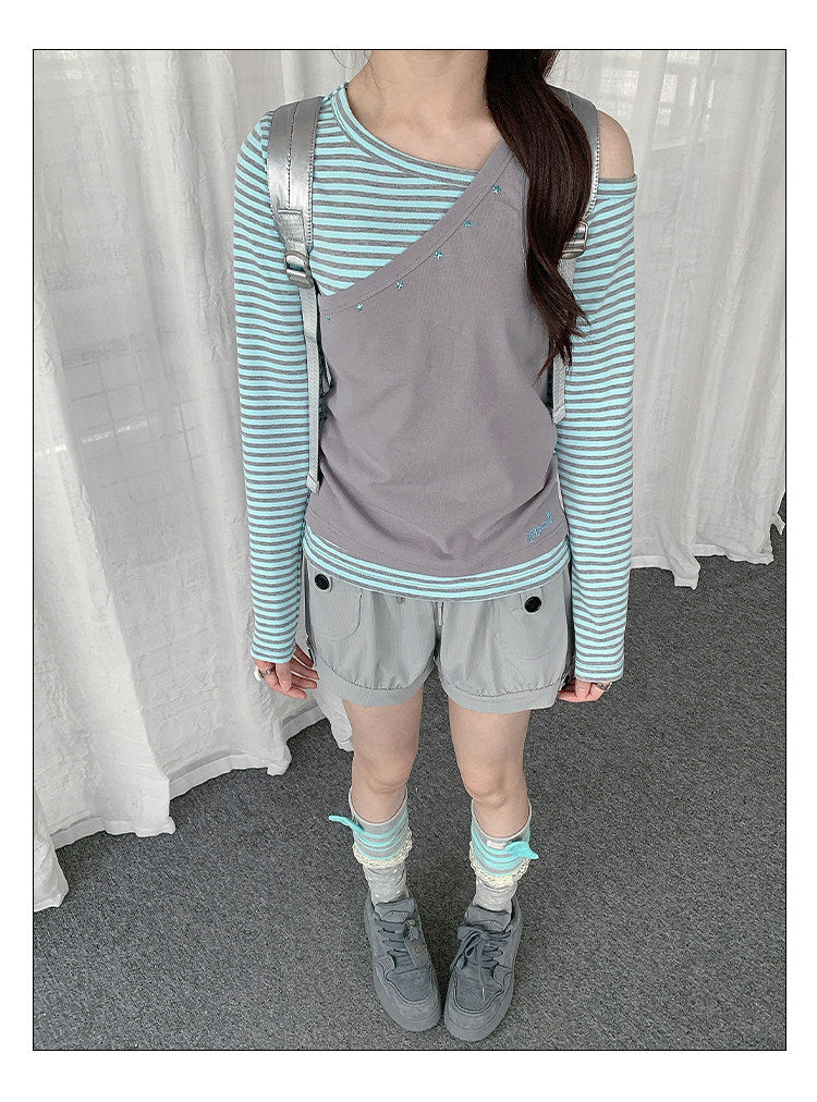 Gray Mint Stripe Asymmetric Faux-Layer Long Sleeve Top