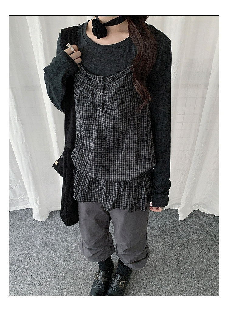 Plaid Cami & Long Sleeve Layered Two-Piece Top Set