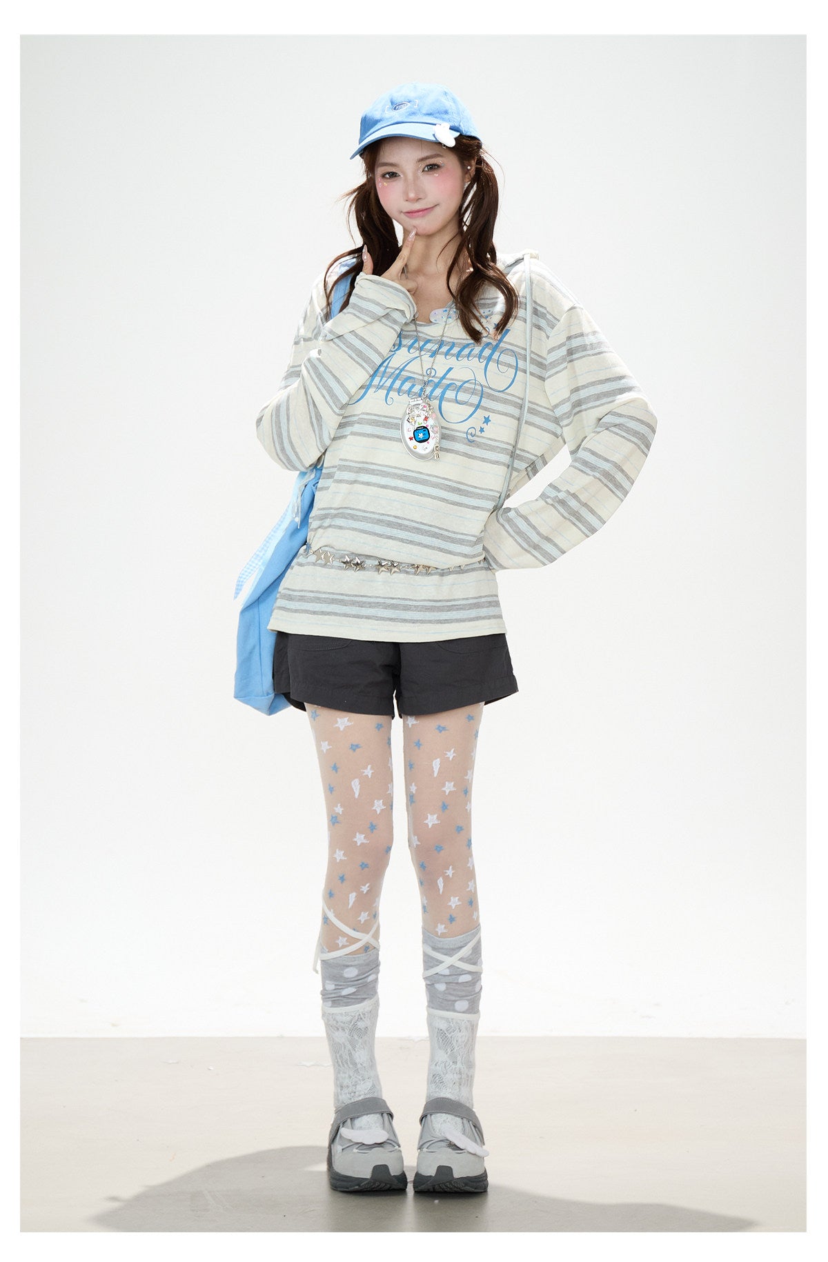 Blue Striped Hooded Long Sleeve Top & Dark Gray Drawstring Shorts