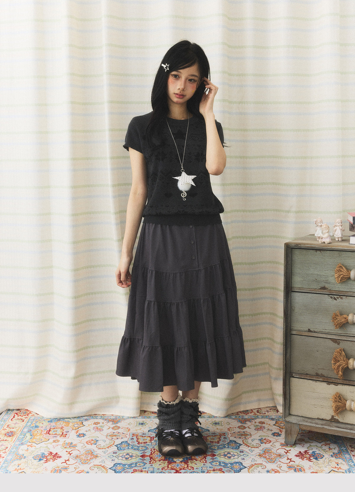 Charcoal Tiered Button Midi Skirt