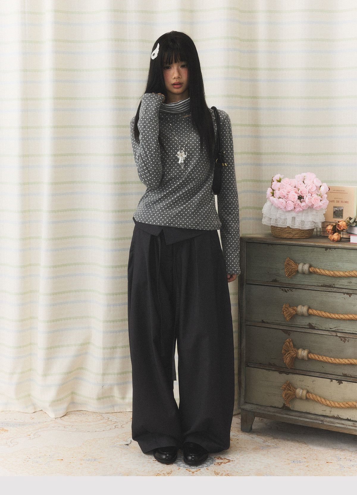 Polka Dot Contrast Turtleneck Long Sleeve Top