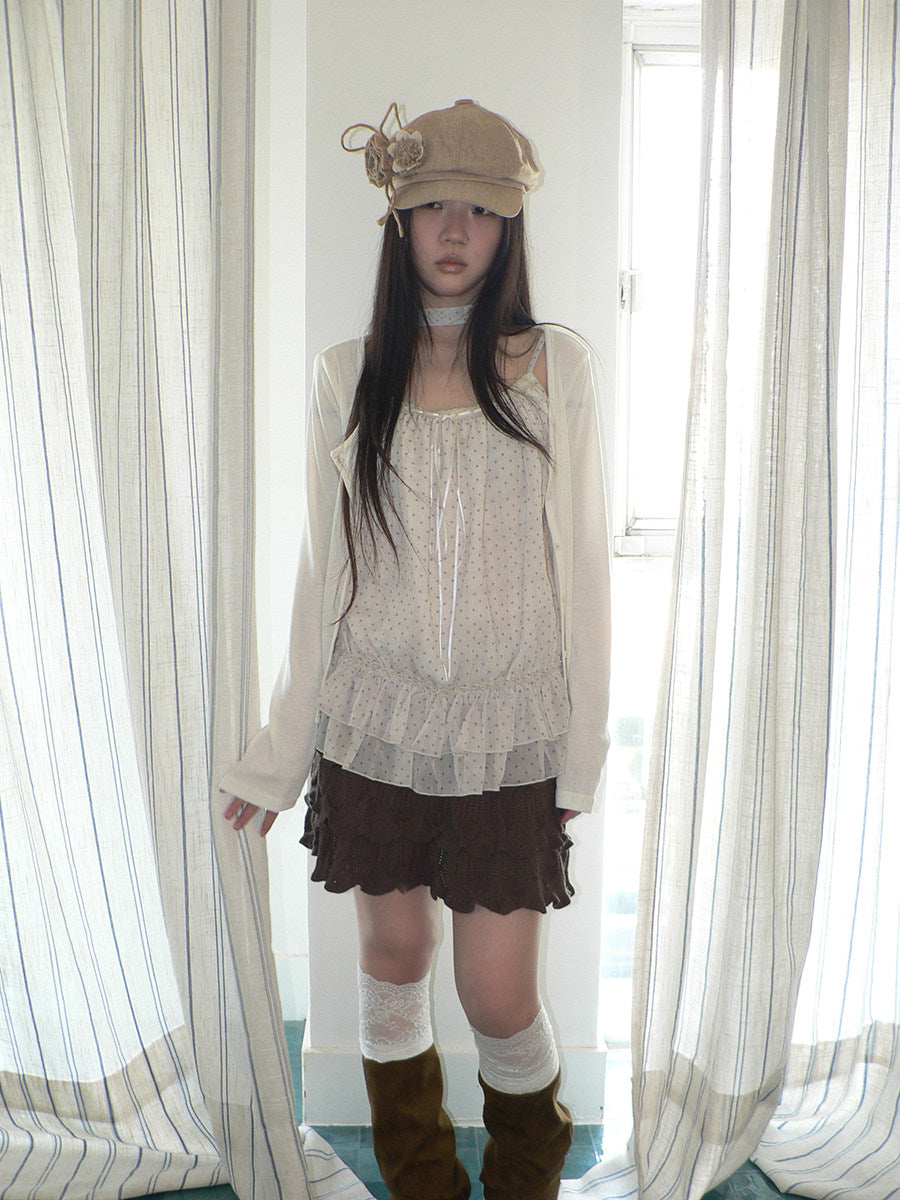 Polka Dot Ruffle Camisole & Cardigan Set with Scarf