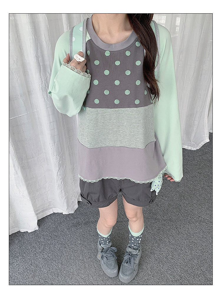 Polka Dot Stripe Lace-Trim Patchwork Long Sleeve Top
