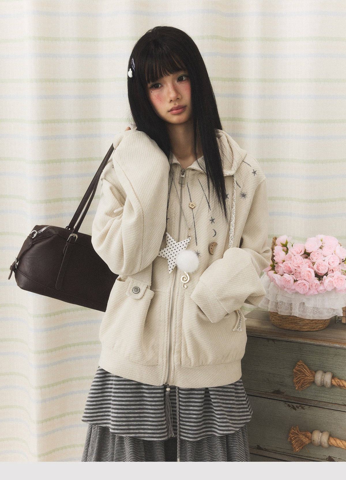Star & Moon Embroidered Zip-Up Hoodie