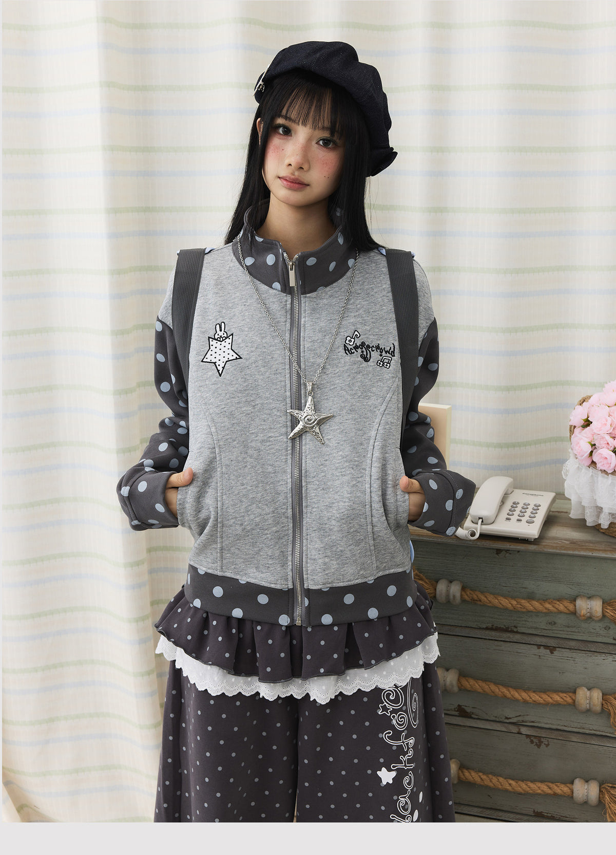 Polka Dot Contrast Embroidered Zip-Up Jacket