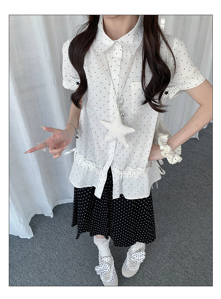 Polka Dot Ruffle-Hem Short Sleeve Shirt