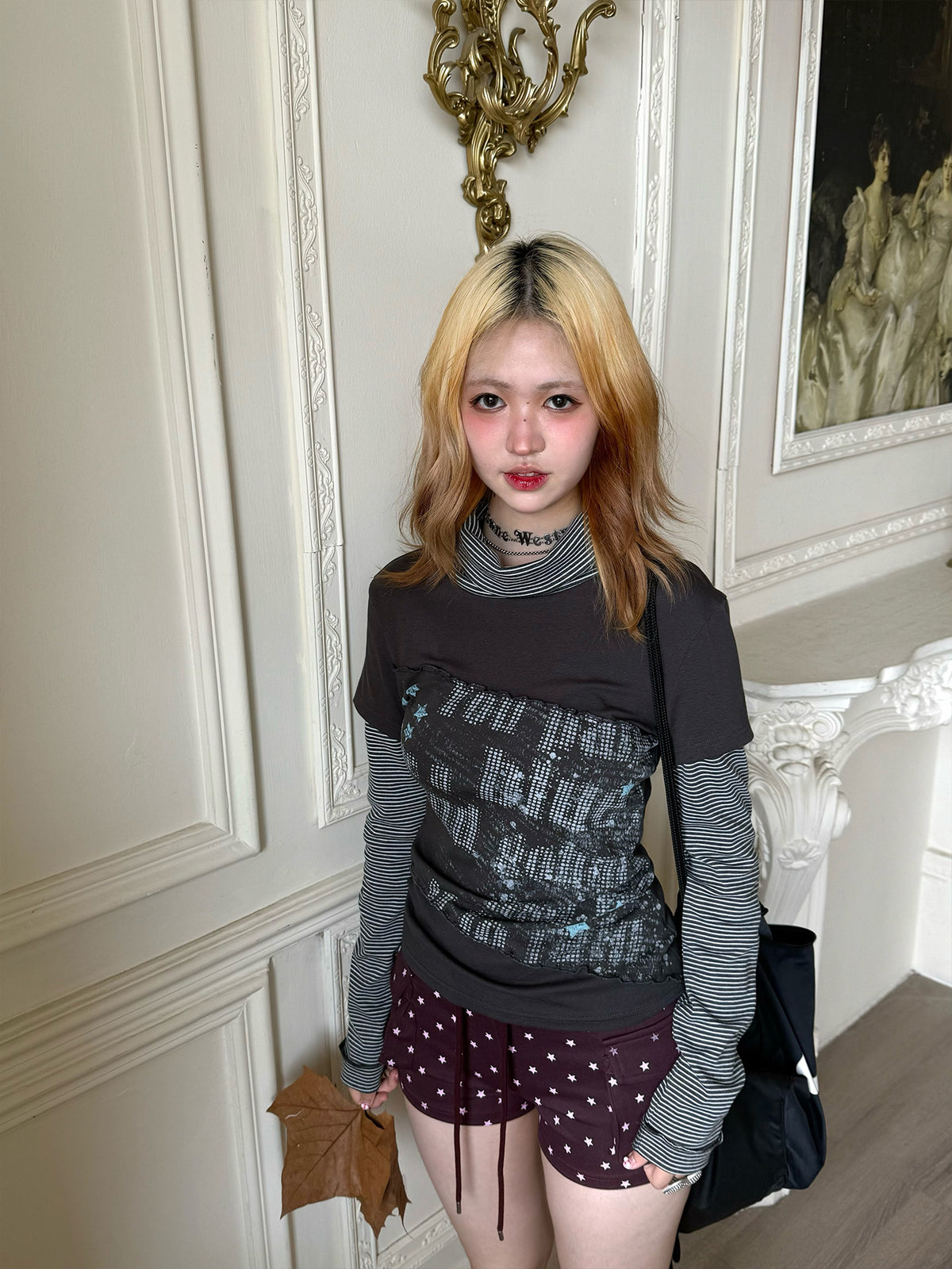 Striped Mock Neck Faux-Layer Graphic Long Sleeve Top