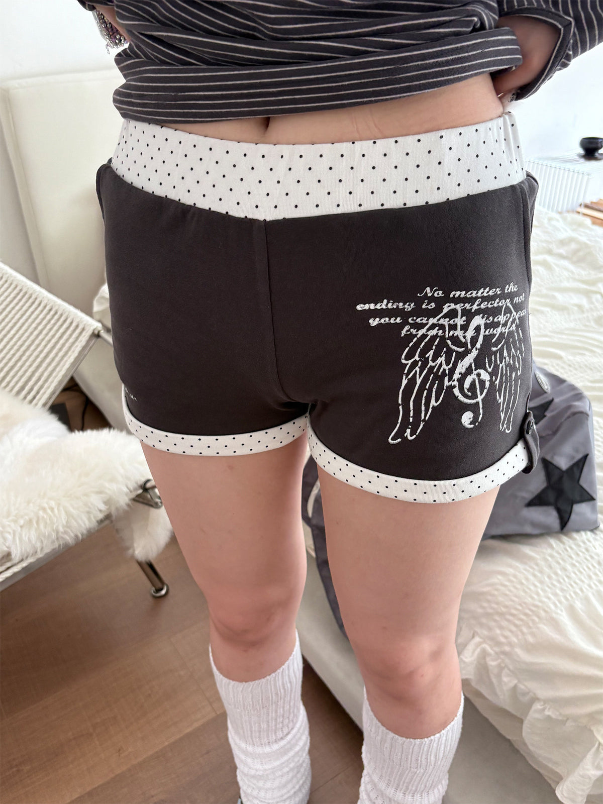 Angel Wing Polka Dot Trim Fitted Shorts