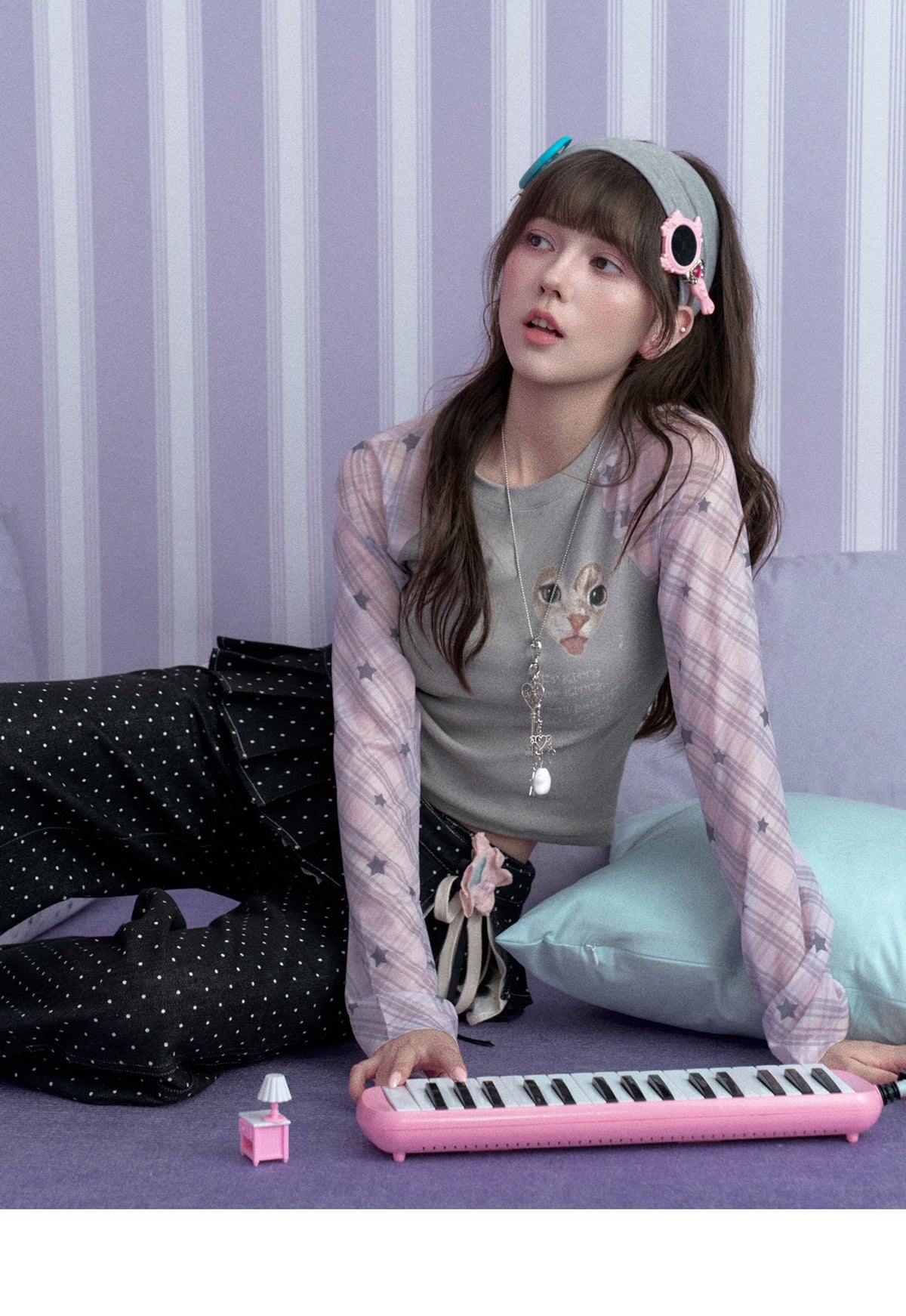 Gray-Pink Kitty Plaid Mesh Raglan Long-Sleeve Top