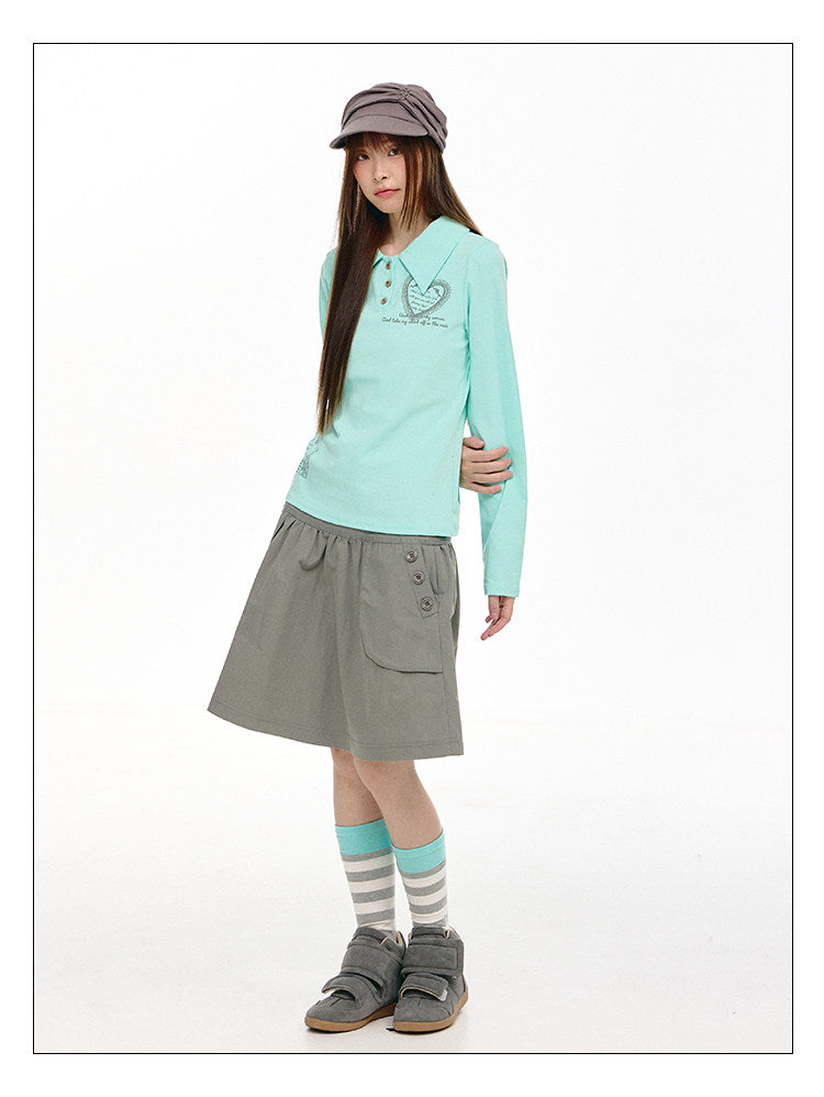 Mint Heart Graphic Long Sleeve Polo Top
