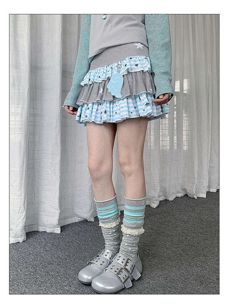 Soft Blue Star Stripe Tiered Ruffle Mini Skirt