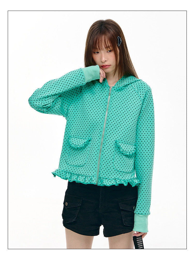 Mint Micro-Star Ruffle-Hem Zip-Up Hoodie