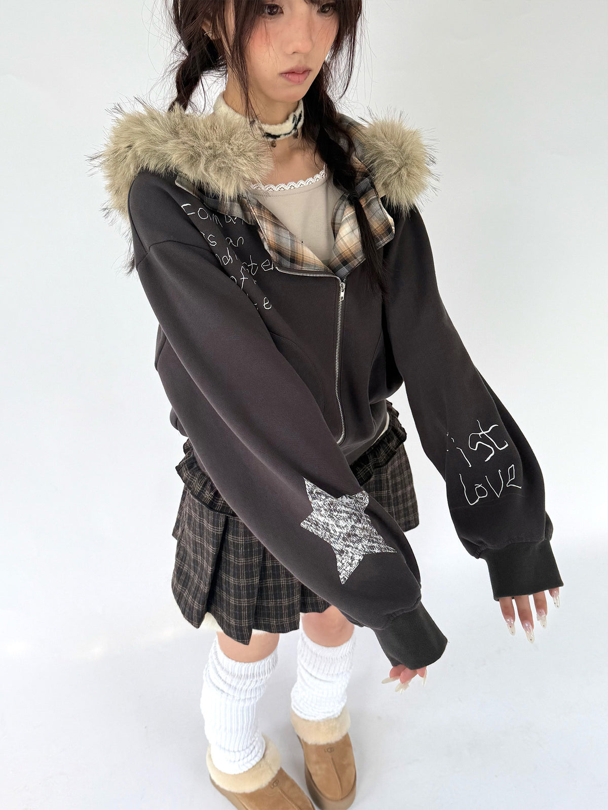 Brown Plaid Fuzzy-Trim Pleated Mini Skirt