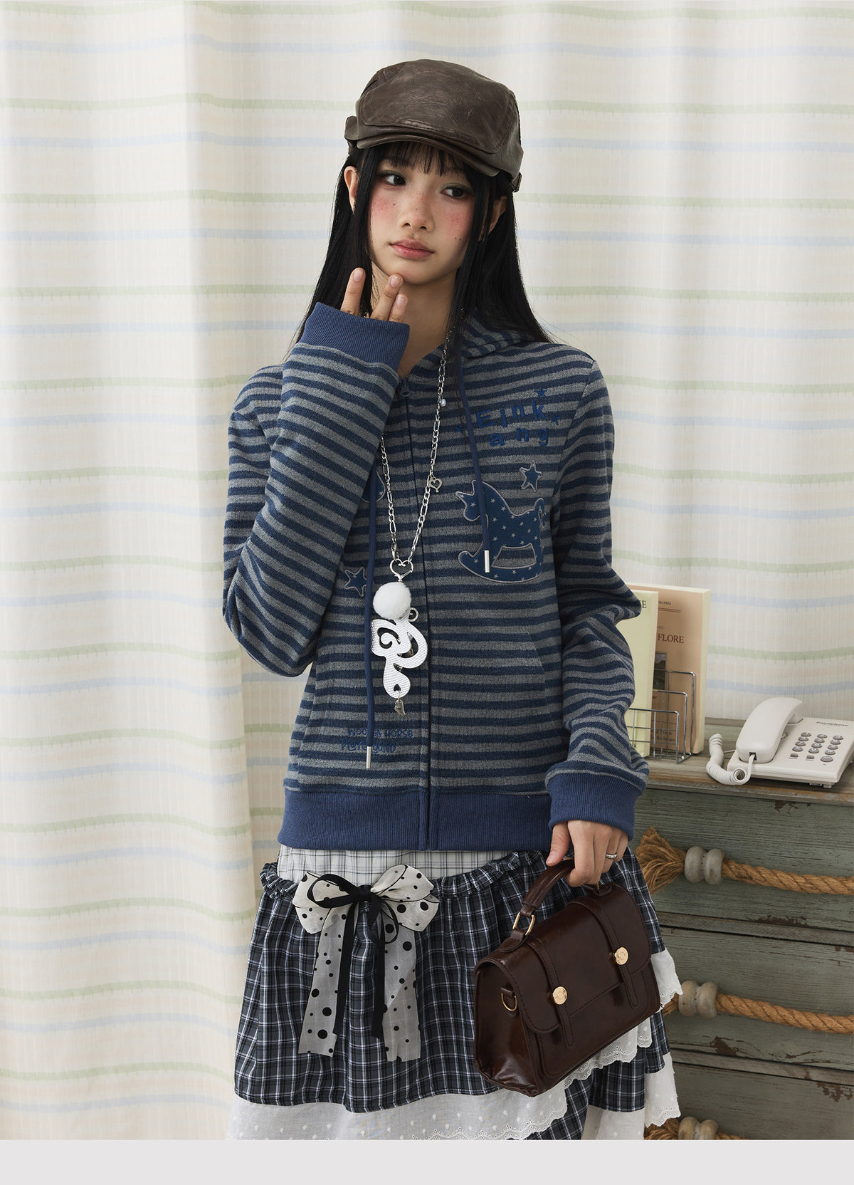 Striped Rocking Horse Embroidered Zip-Up Hoodie