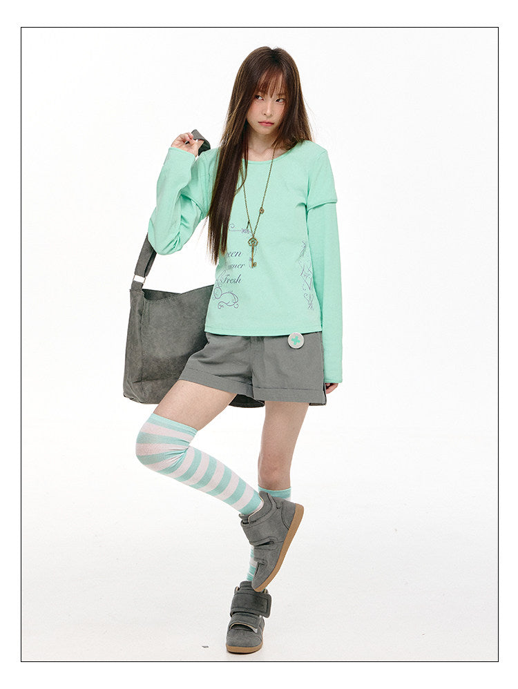 Mint Haze Faux-Layer Graphic Long Sleeve Top