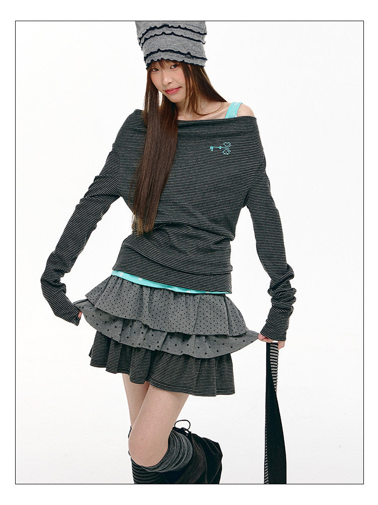 Charcoal Stripe Off-Shoulder Faux-Layer Long Sleeve Top