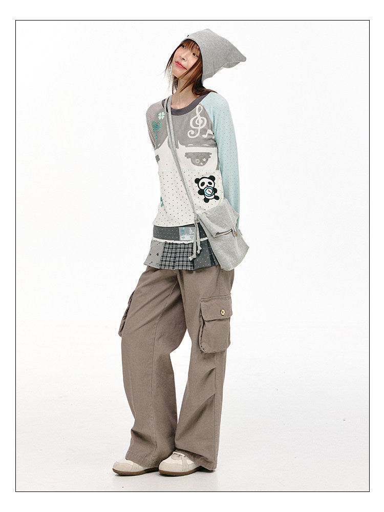 Mint Polka Dot Contrast-Sleeve Graphic Long Sleeve Top