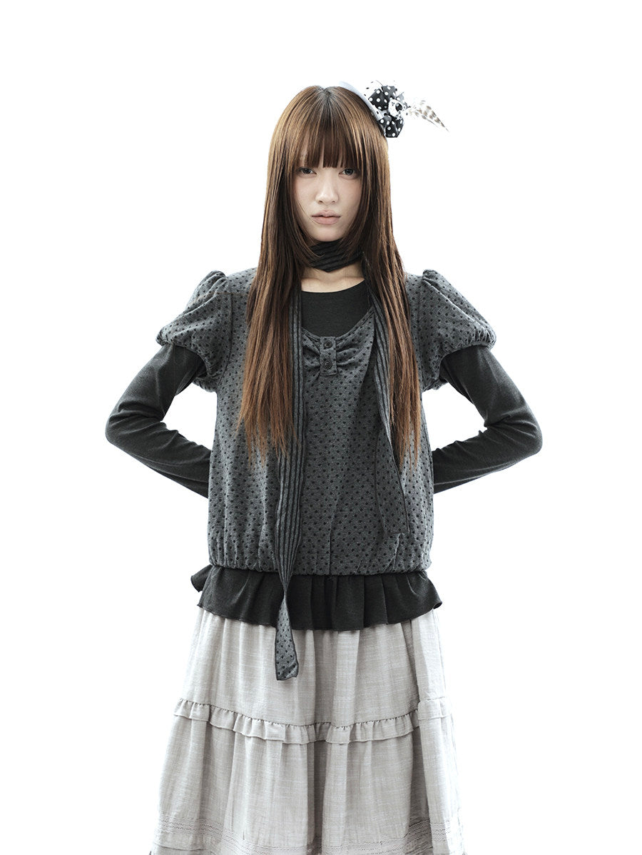Polka Dot Layered Two-Piece Top Set with Scarf