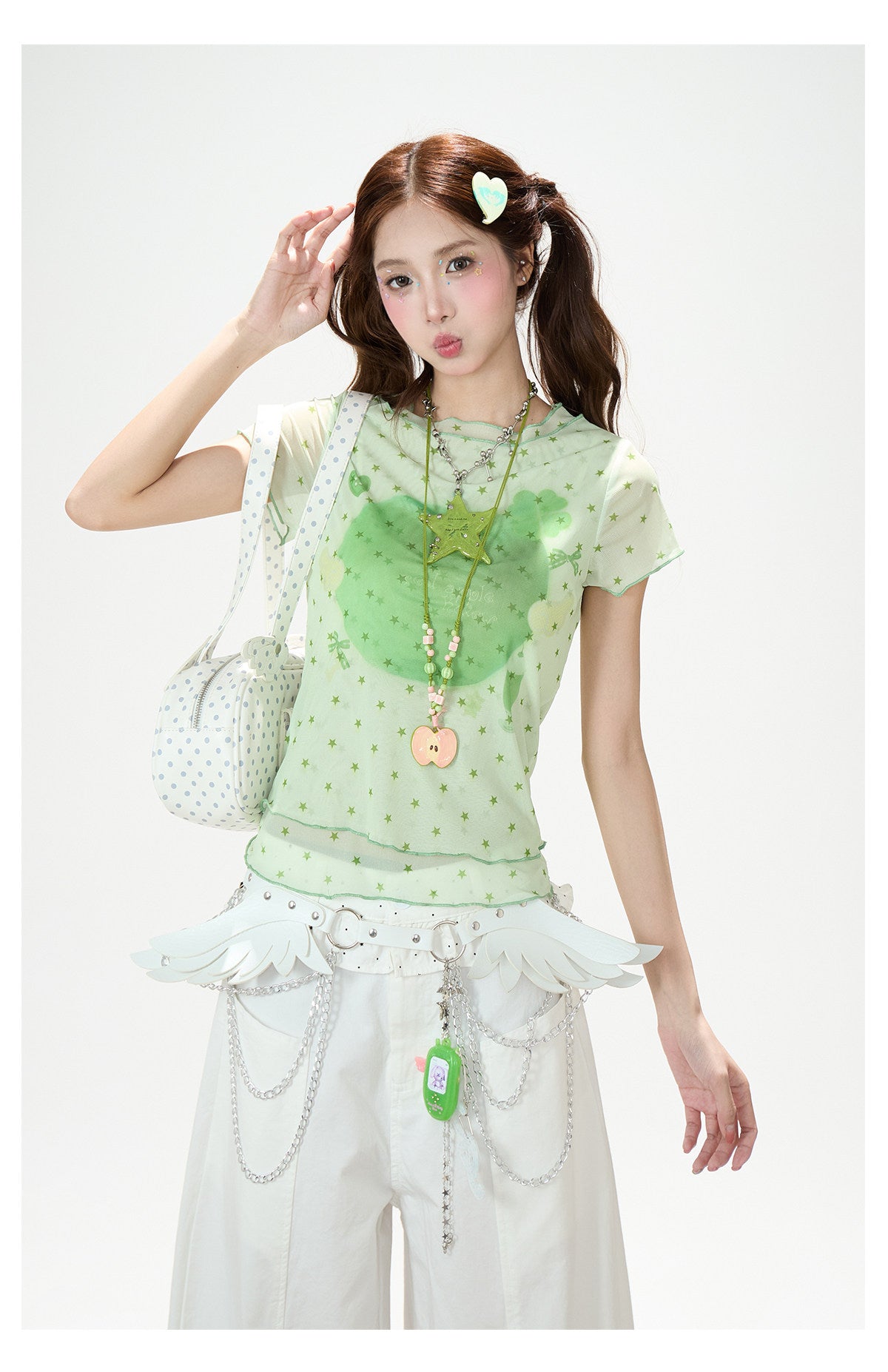 Star Mesh Baby Tee & White Wide-Leg Pants