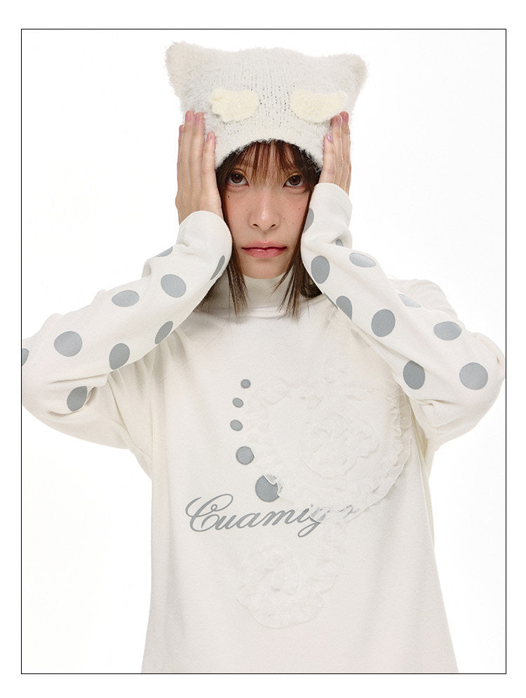Lace Music Note Appliqué Mock Neck Long Sleeve Top