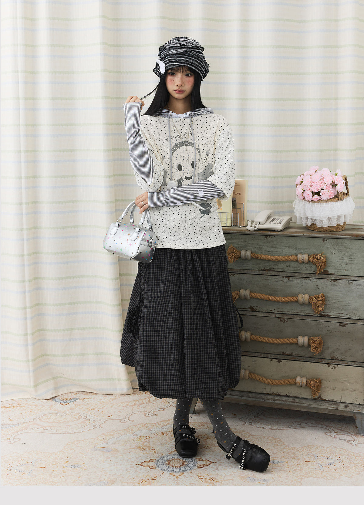 Cartoon Star Print Faux-Layer Hooded Top
