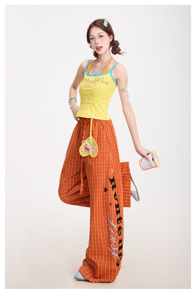 Starry Rhinestone Halter Cami & Plaid Wide-Leg Pants