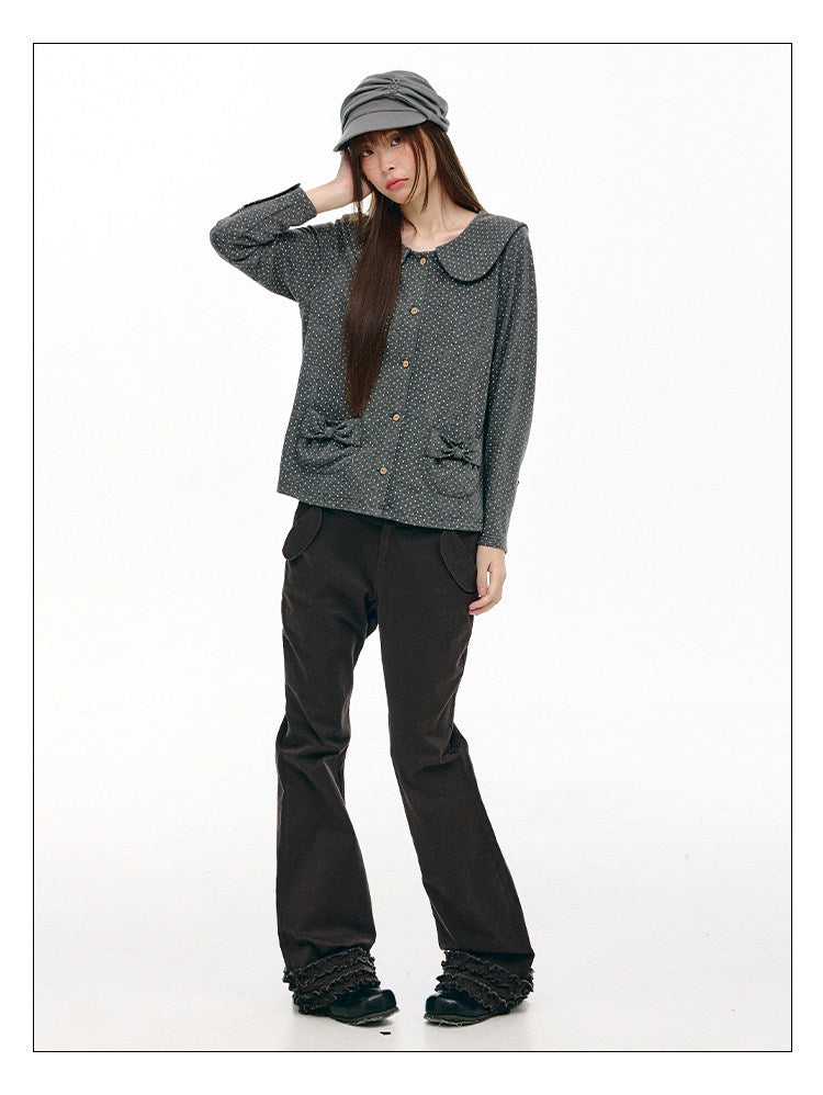 Charcoal Polka Dot Peter Pan Collar Button Shirt