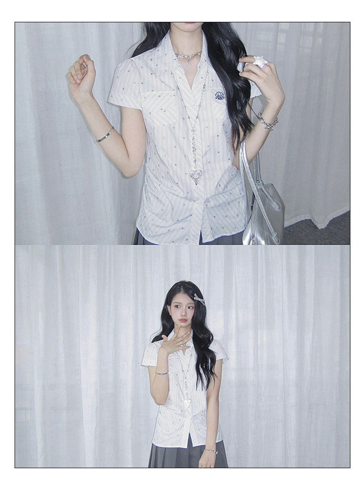 Silver Dot Pinstripe Fitted Short-Sleeve Shirt