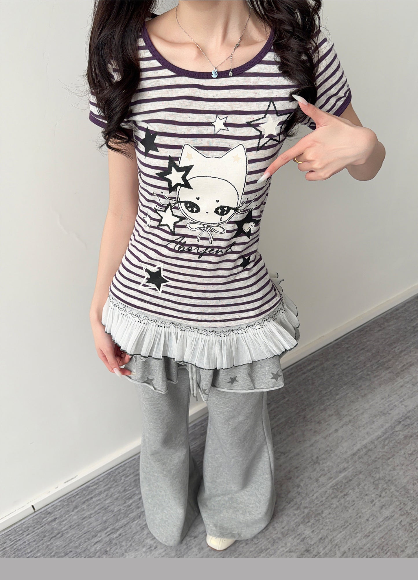 Purple Stripe Star Girl Ruffle-Hem Tee