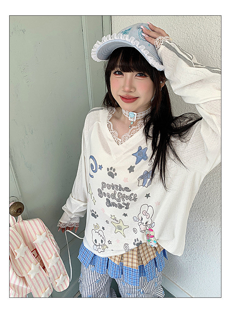 Sheer Lace V-Neck Top — White and Blue