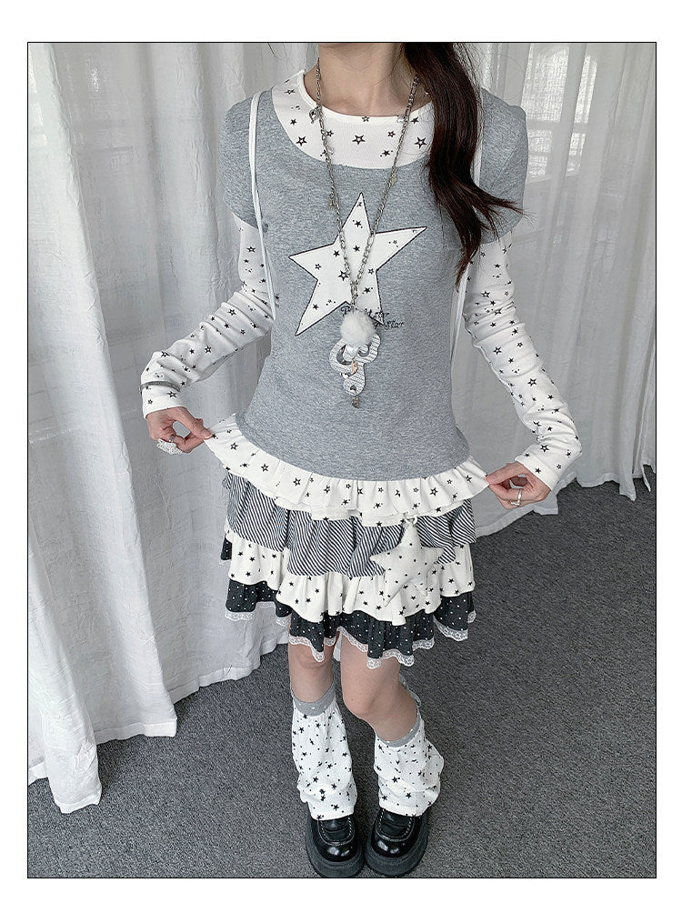 Star Appliqué Layered Long Sleeve Top
