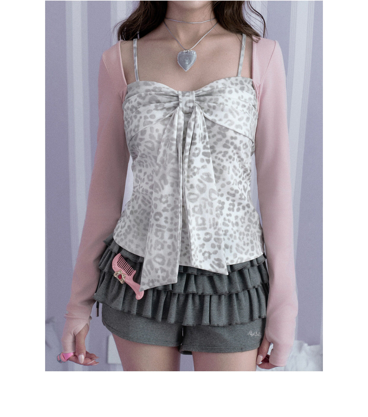 Pink Leopard Bow Faux-Layered Long-Sleeve Top