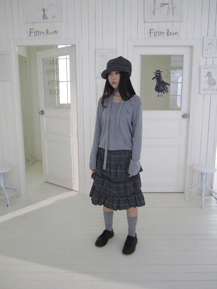 Vintage Gray Plaid Tiered Ruffle Skirt