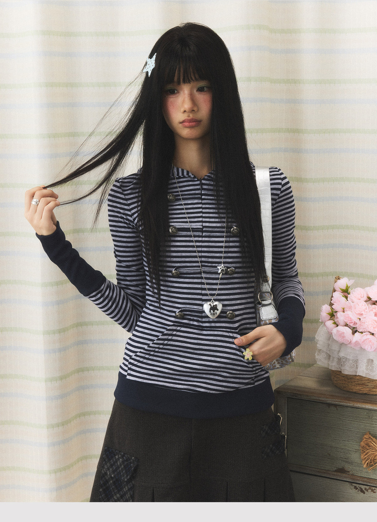 Navy Striped Military Button Hooded Top